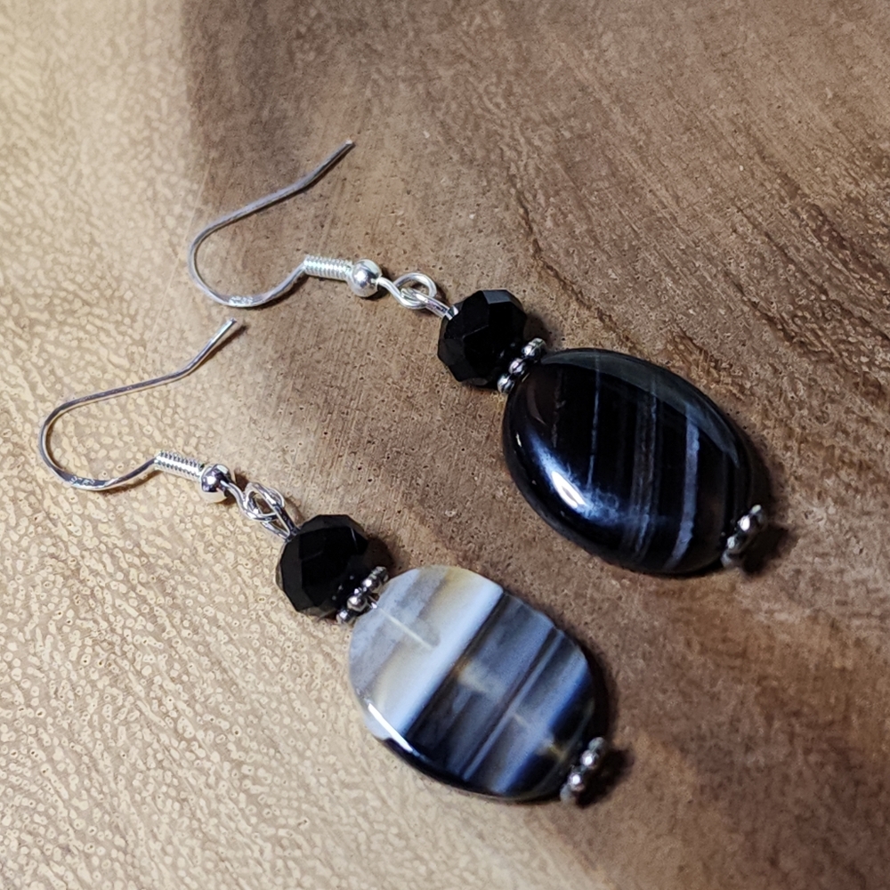 22. Hand Crafted Earrings With Black Faceted Glass & Banded Agate Beads
